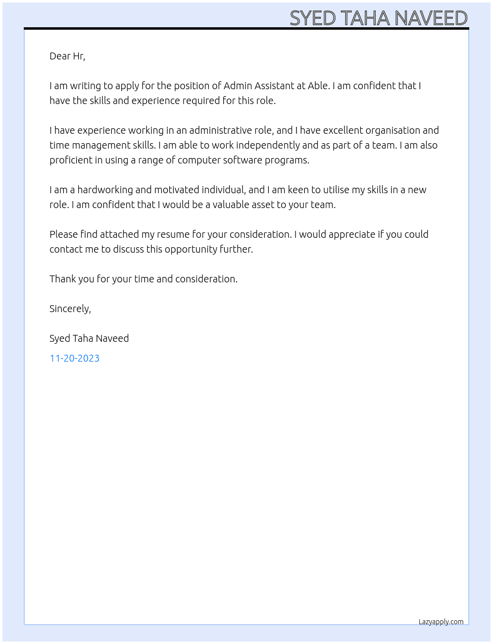 Admin Assistant  At Able Cover Letter