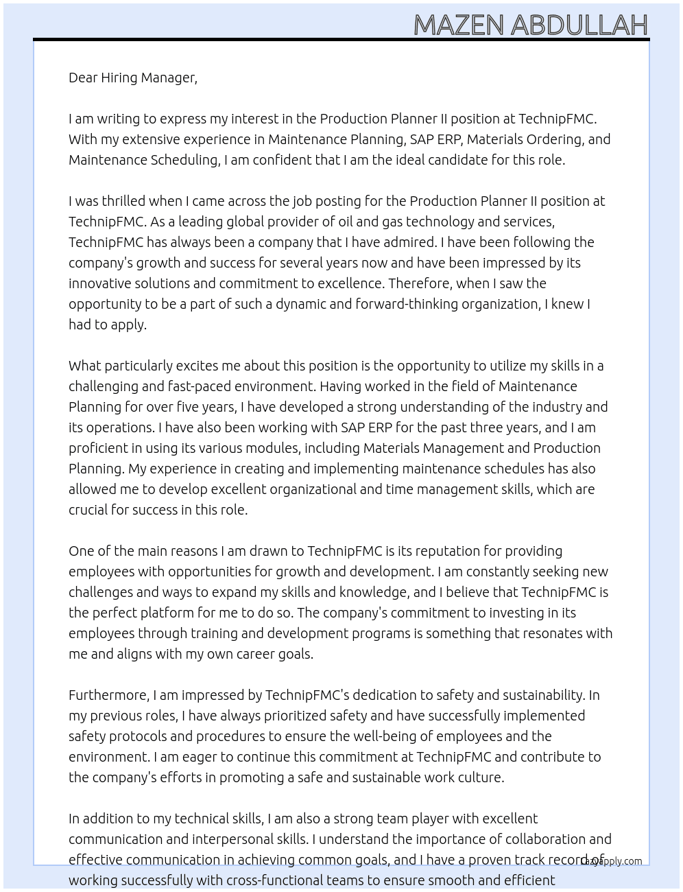 Production Planner II  At TechnipFMC Cover Letter