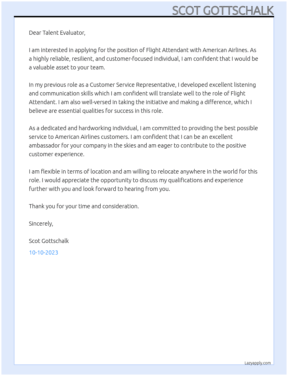 Flight attendant  At American Airlines  Cover Letter