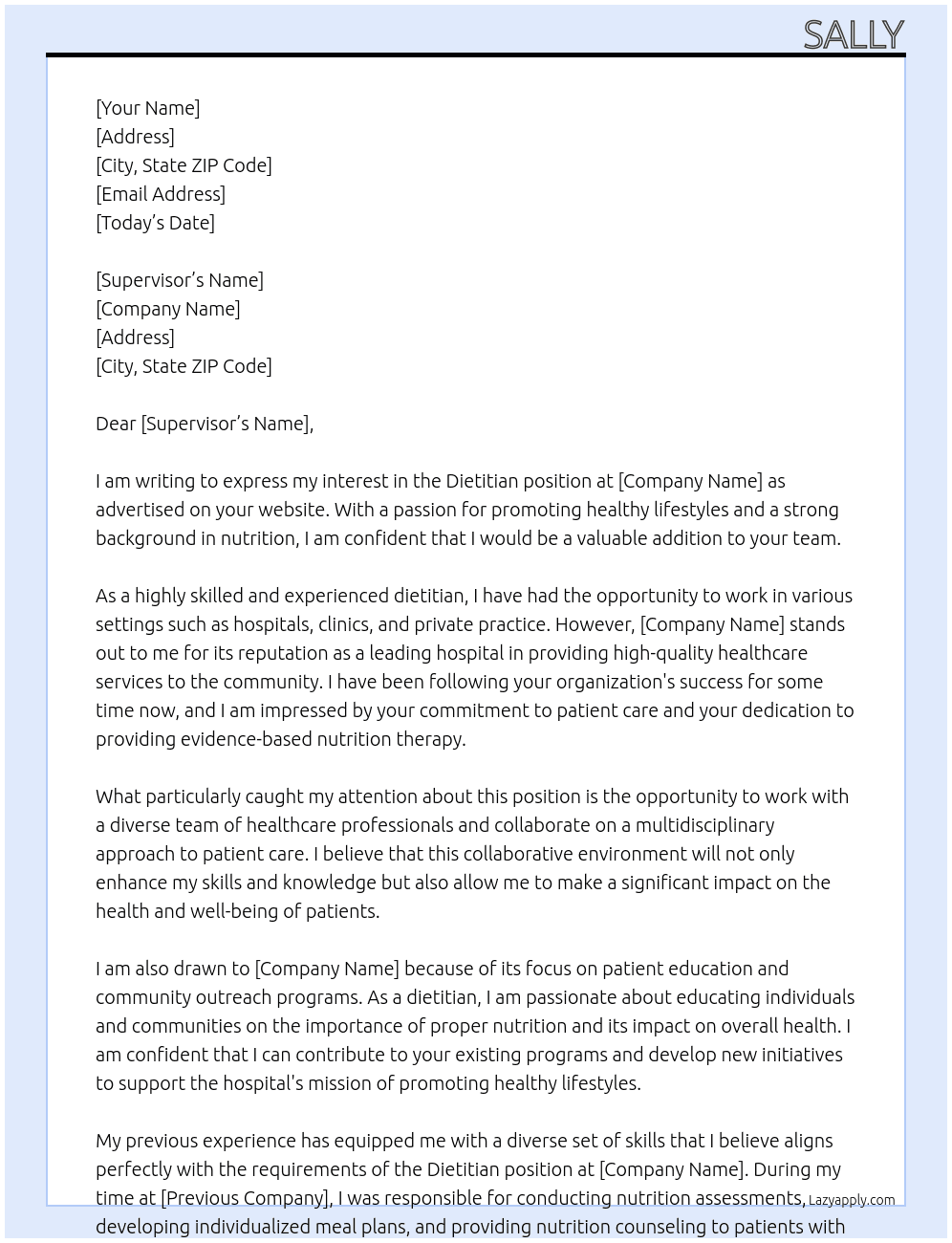 dietitian At Hospital Cover Letter