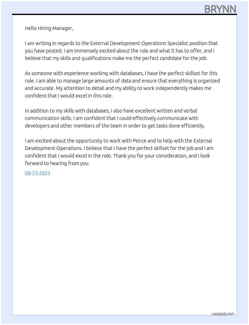 External Development Operations Specialist At Peirce Cover Letter