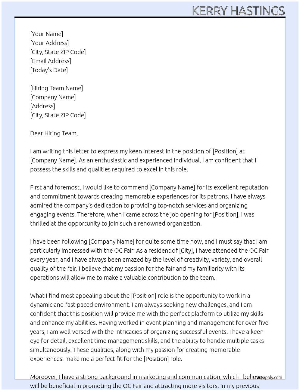 OC Fair  At OC Fair Cover Letter