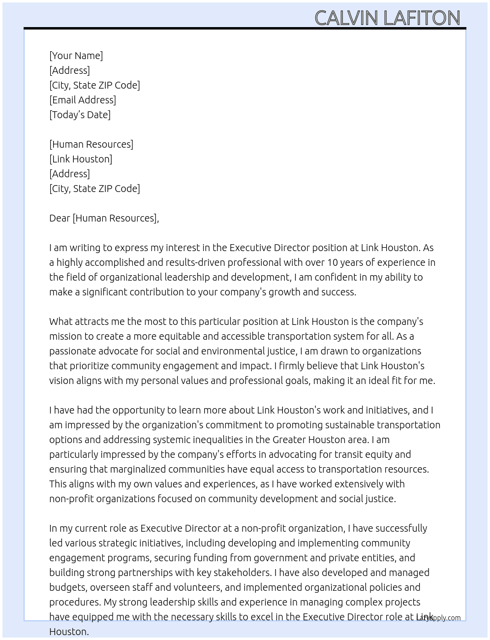 Executive Director  At Link Houston Cover Letter