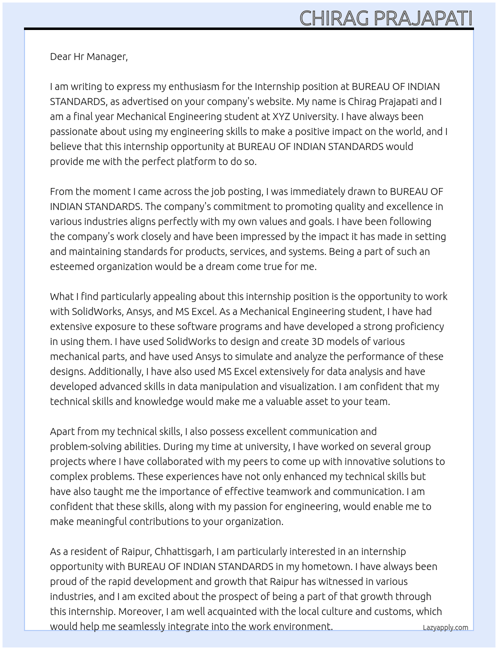 Intership At BUREAU OF INDIAN STANDARDS Cover Letter