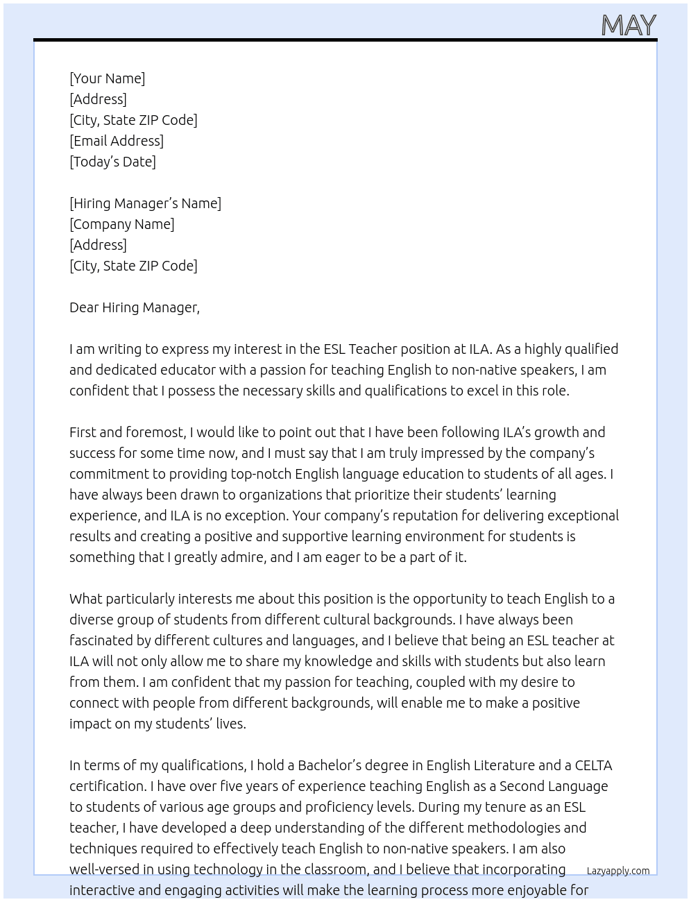 ESL Teacher At ILA Cover Letter