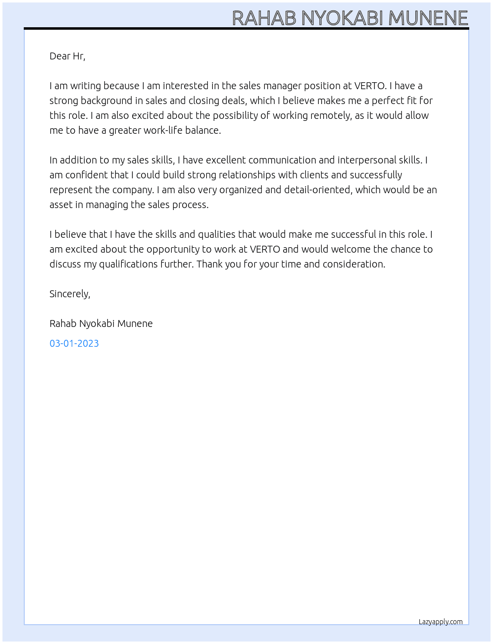 sales manager At VERTO Cover Letter