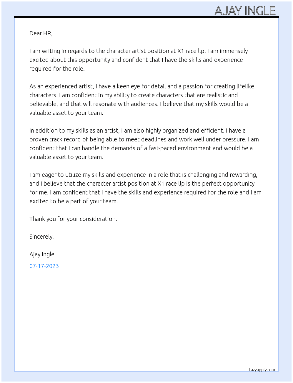 Character artist  At X1 race llp Cover Letter