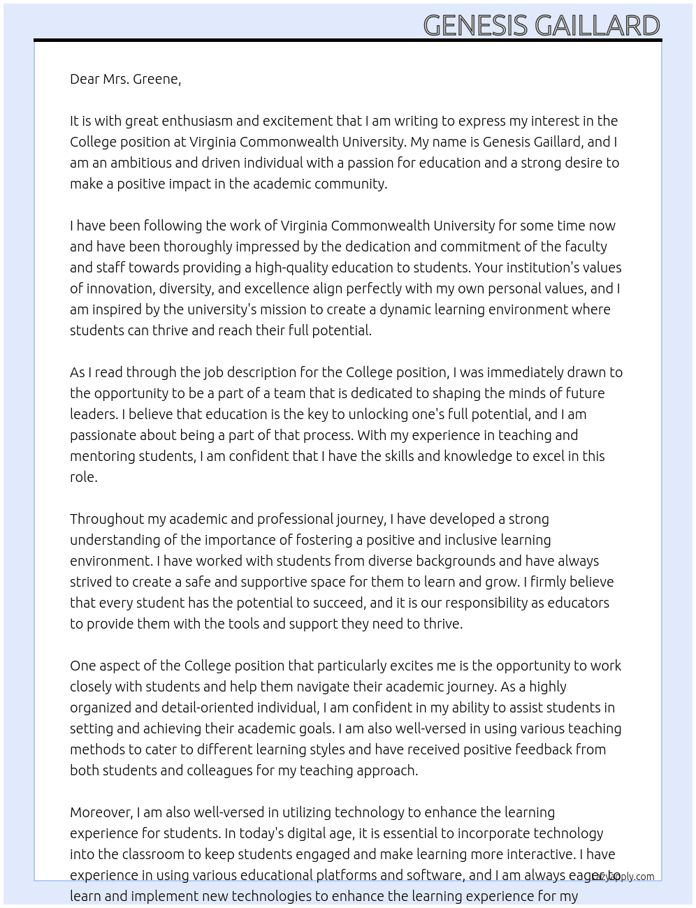 College At Virginia Commonwealth University Cover Letter