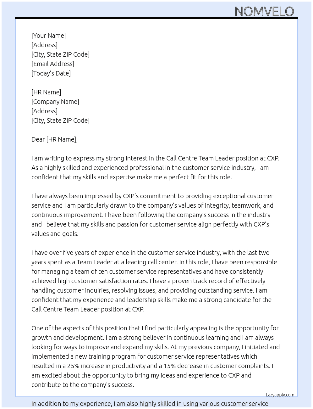 Call centre Team leader  At CXP Cover Letter
