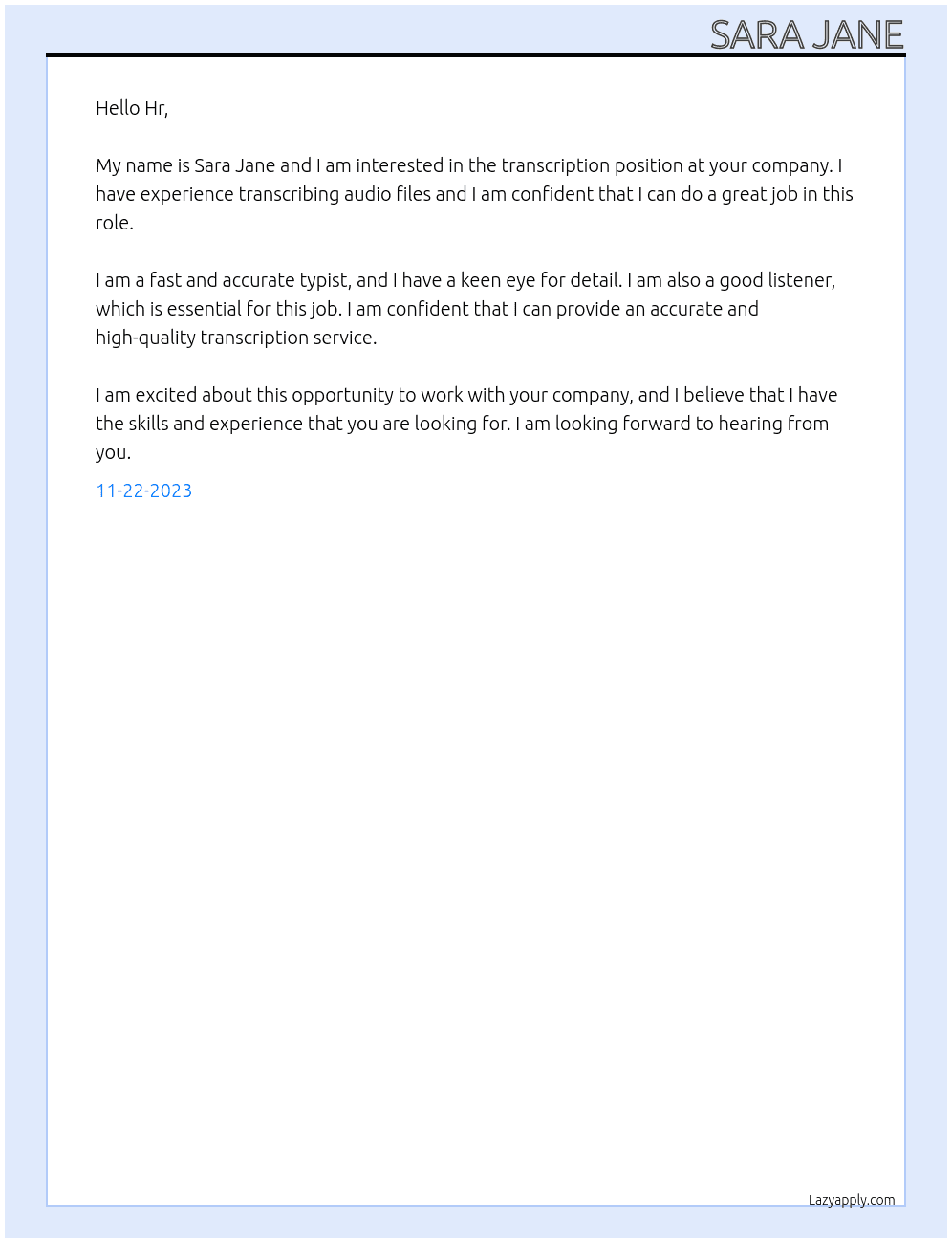 Transcription  At Me Cover Letter