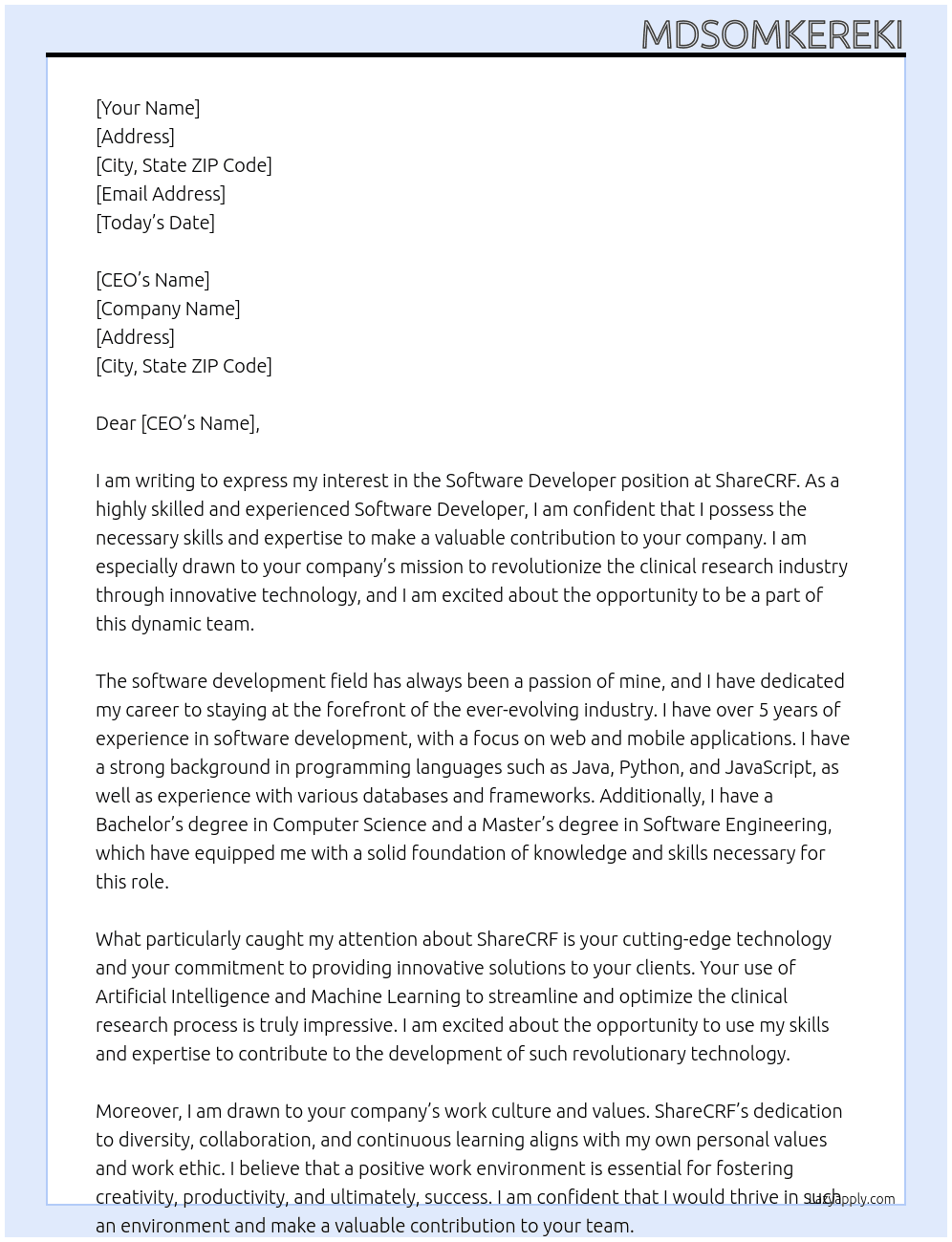 Software Developer At ShareCRF Cover Letter