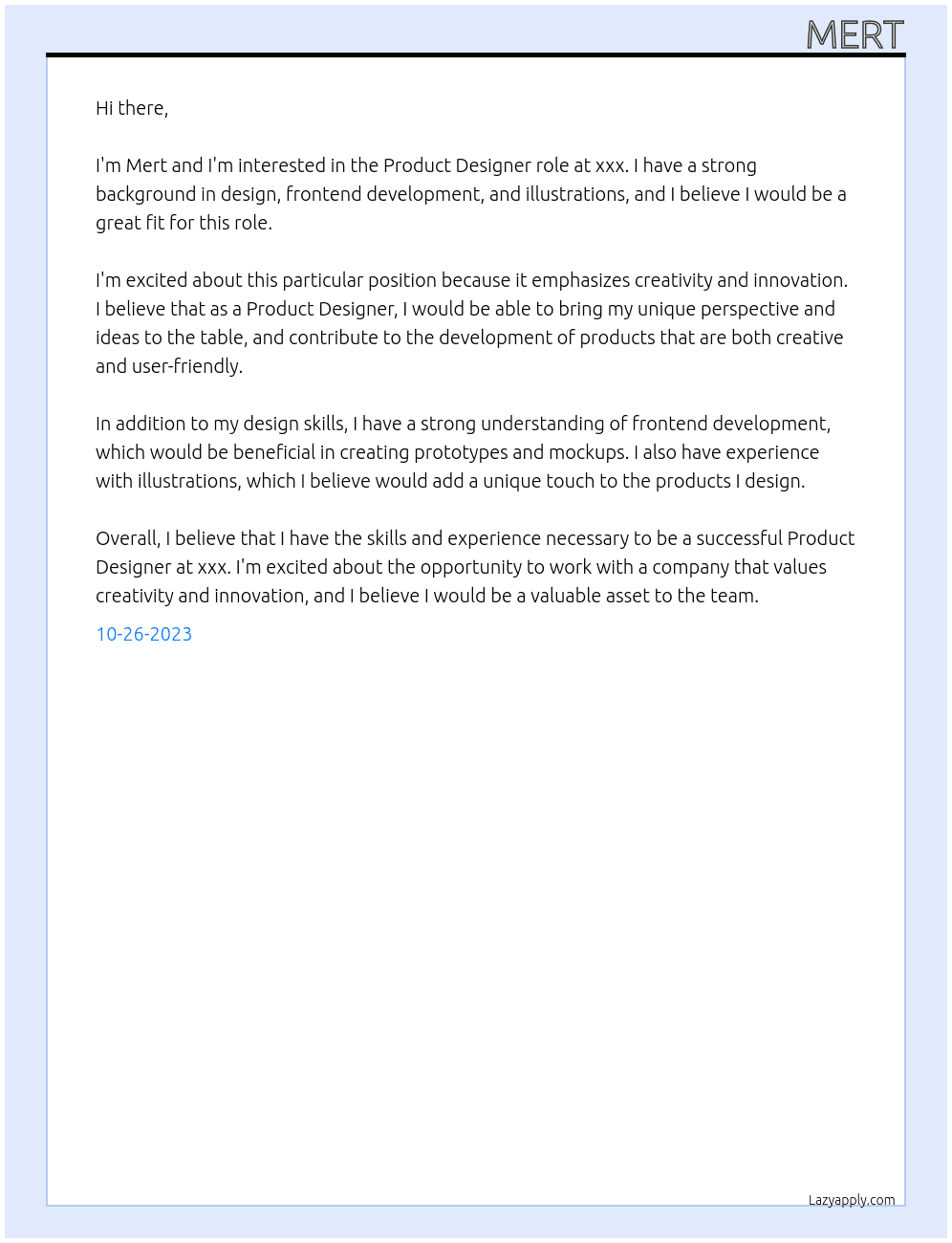Product Designer At xxx Cover Letter