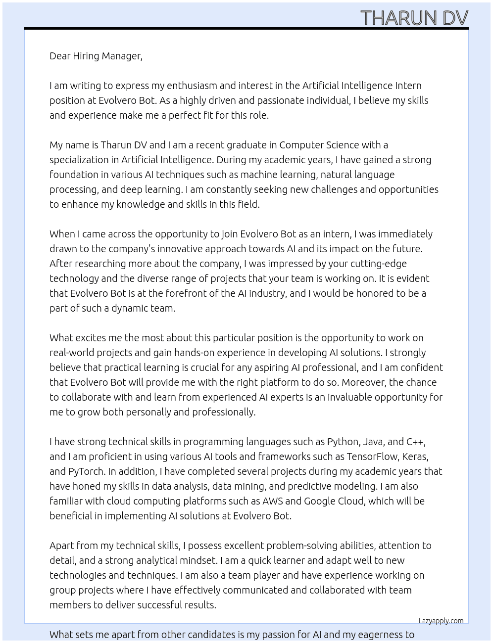 artificial intelligence intern At evolvero bot Cover Letter
