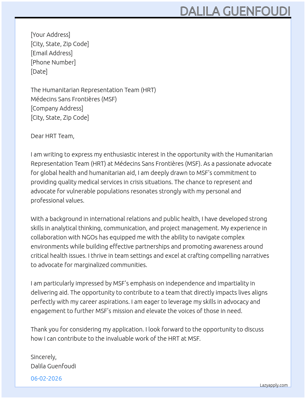 The Humanitarian Representation Team (HRT)  At MSF Cover Letter