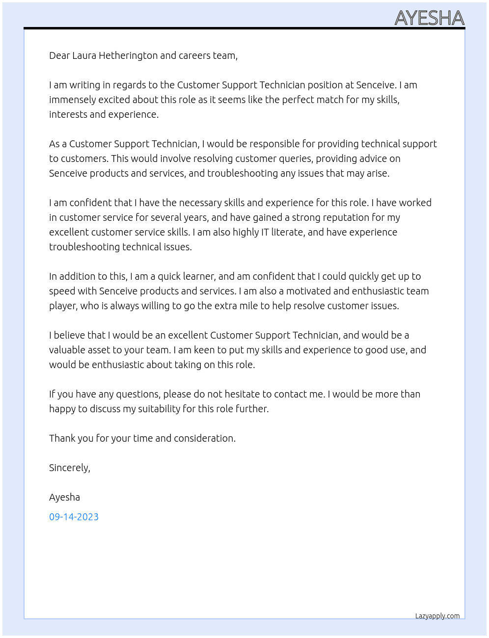 Customer Support Technician At Senceive Cover Letter