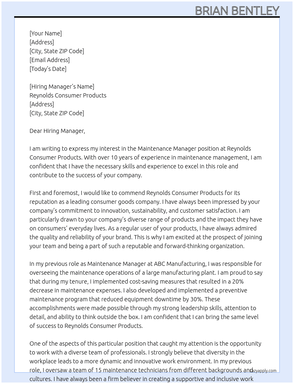 Maintenance Manager At Reynolds Consumer Products Cover Letter