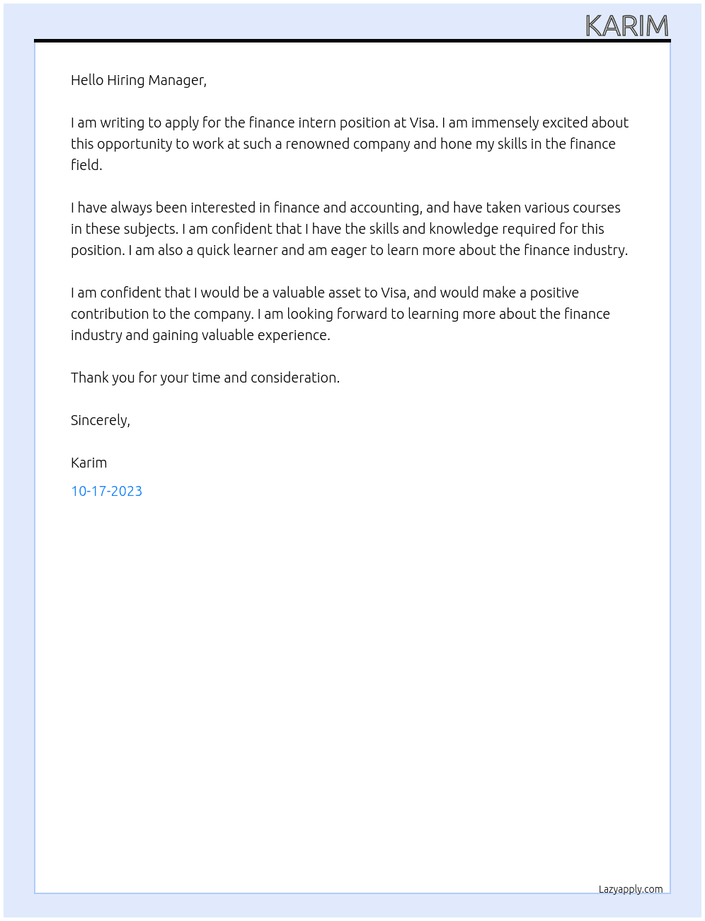 Finance intern At Visa Cover Letter