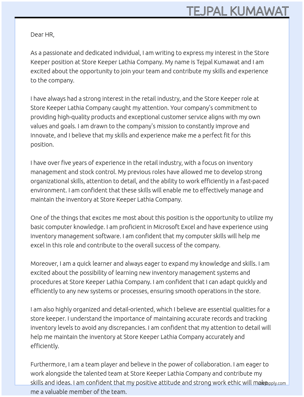 store keeper At Store keeper lathia company Cover Letter