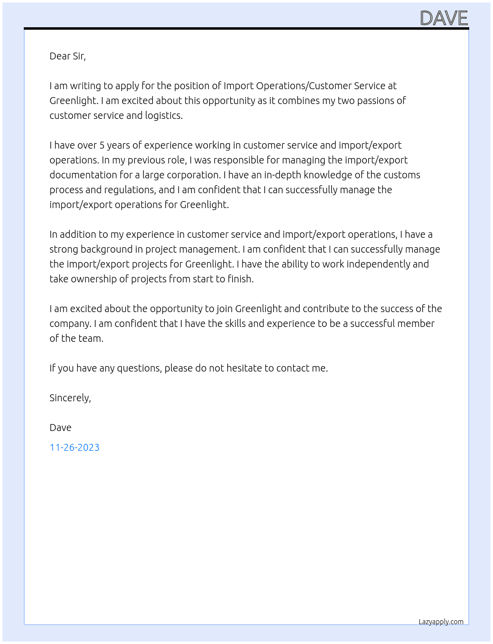 Import Operations/Customer Service At Greenlight Cover Letter