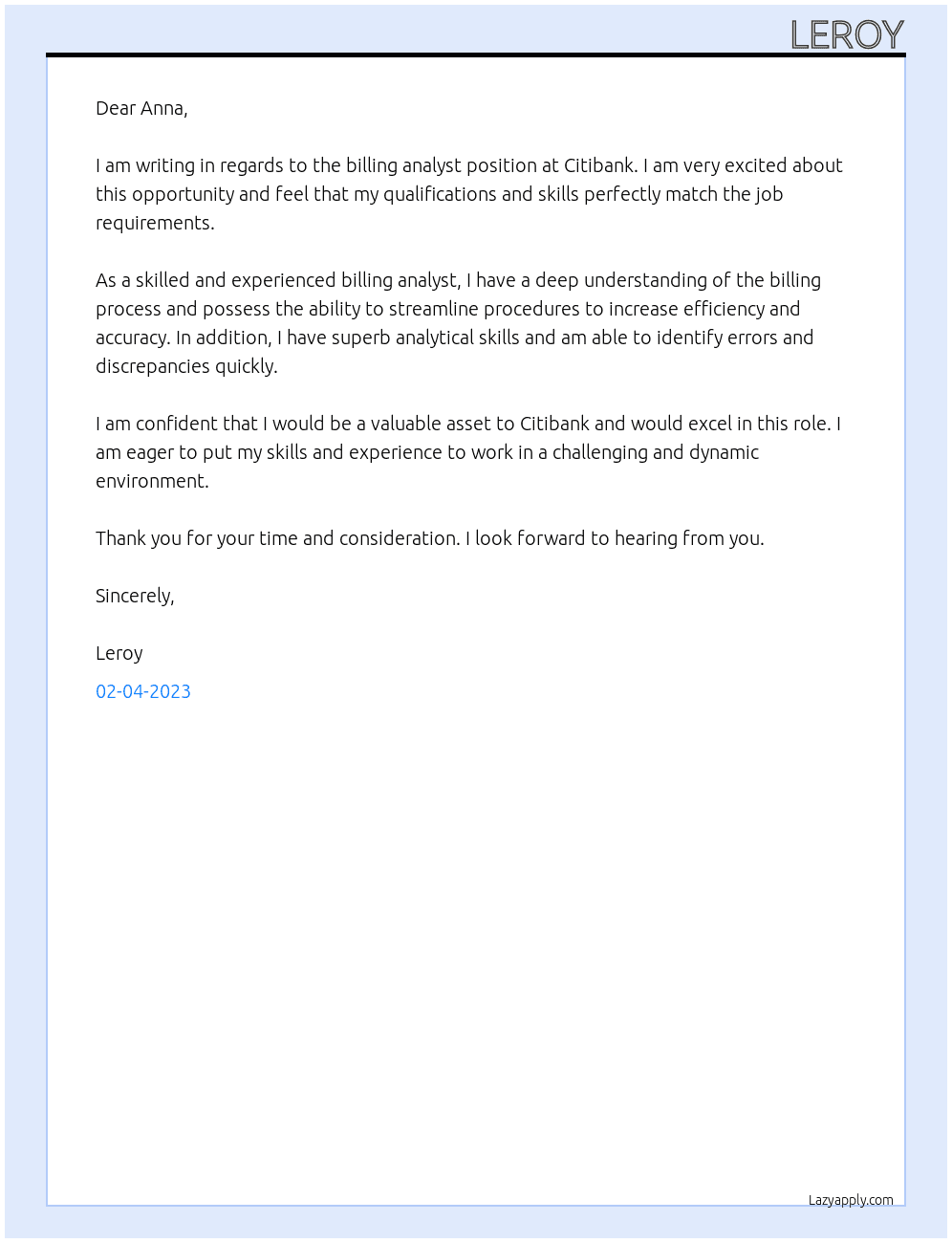 billing analyst At citibank Cover Letter