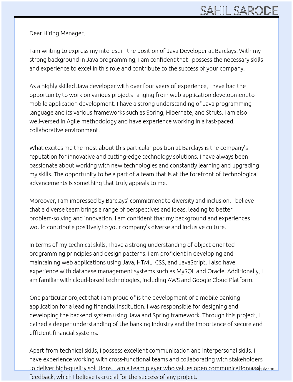 java developer At Barclays Cover Letter
