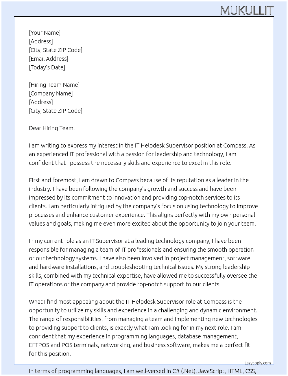 IT Helpdesk Supervisor At Compass Cover Letter