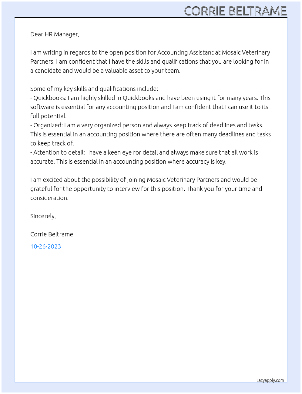 Accounting Assistant At Mosaic Veterinary Partners Cover Letter