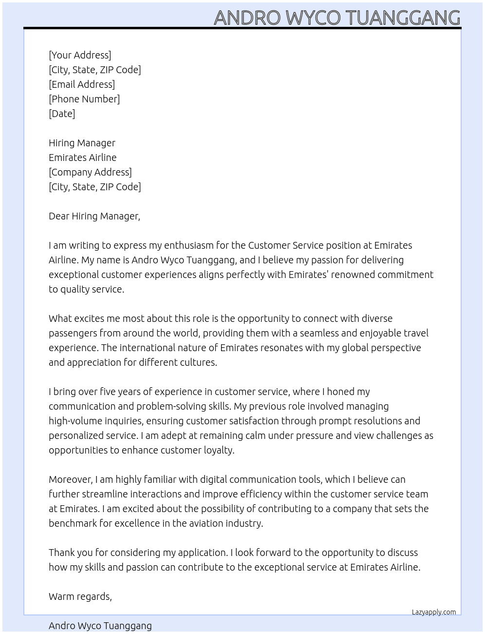 Customer Service Roles At Emirates Airline Cover Letter