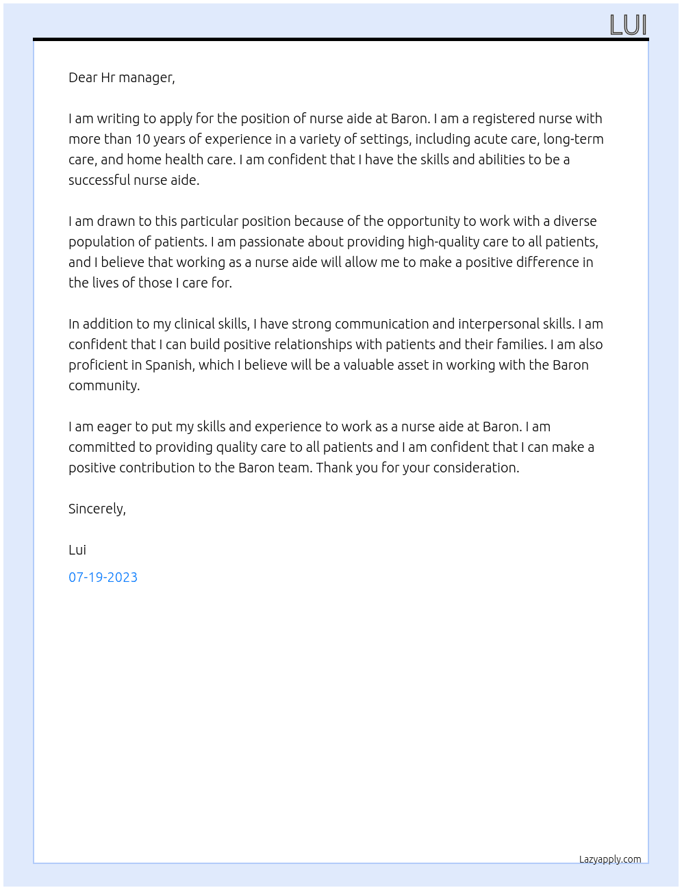 Nurse aide At Baron Cover Letter