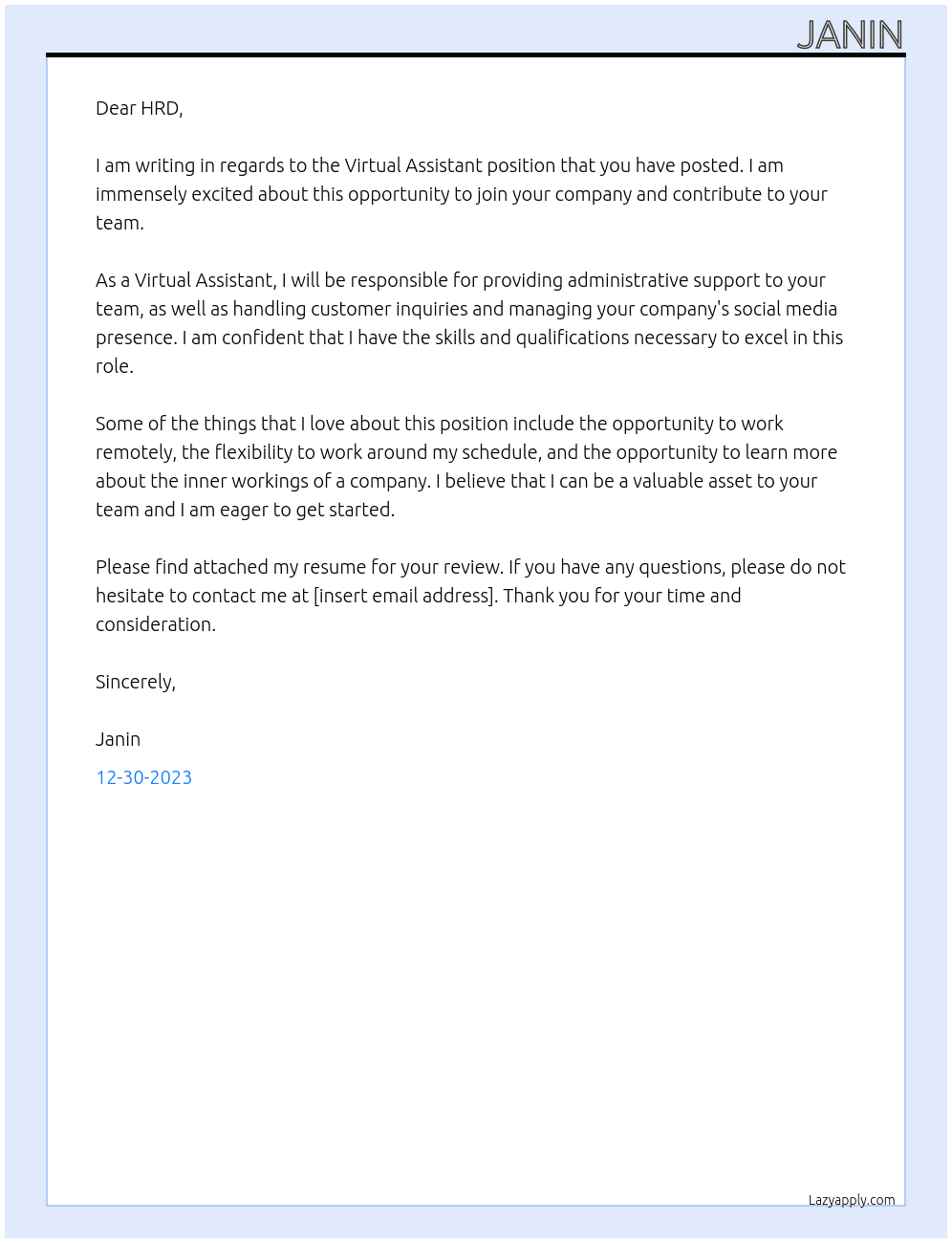 Virtual Assistant At there Cover Letter