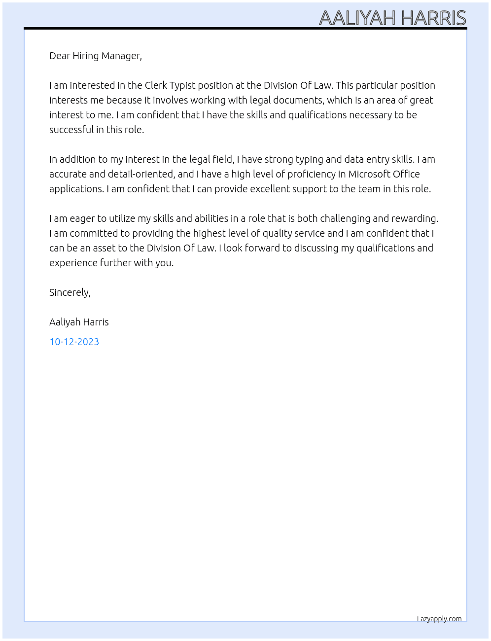 Clerk Typist  At Division Of Law  Cover Letter