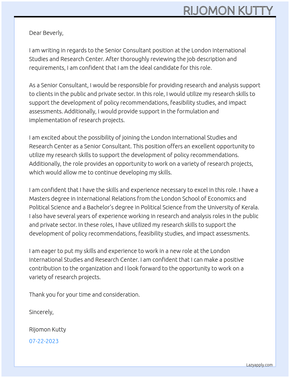 Senior Consultant  At London International Studies and Research Center  Cover Letter