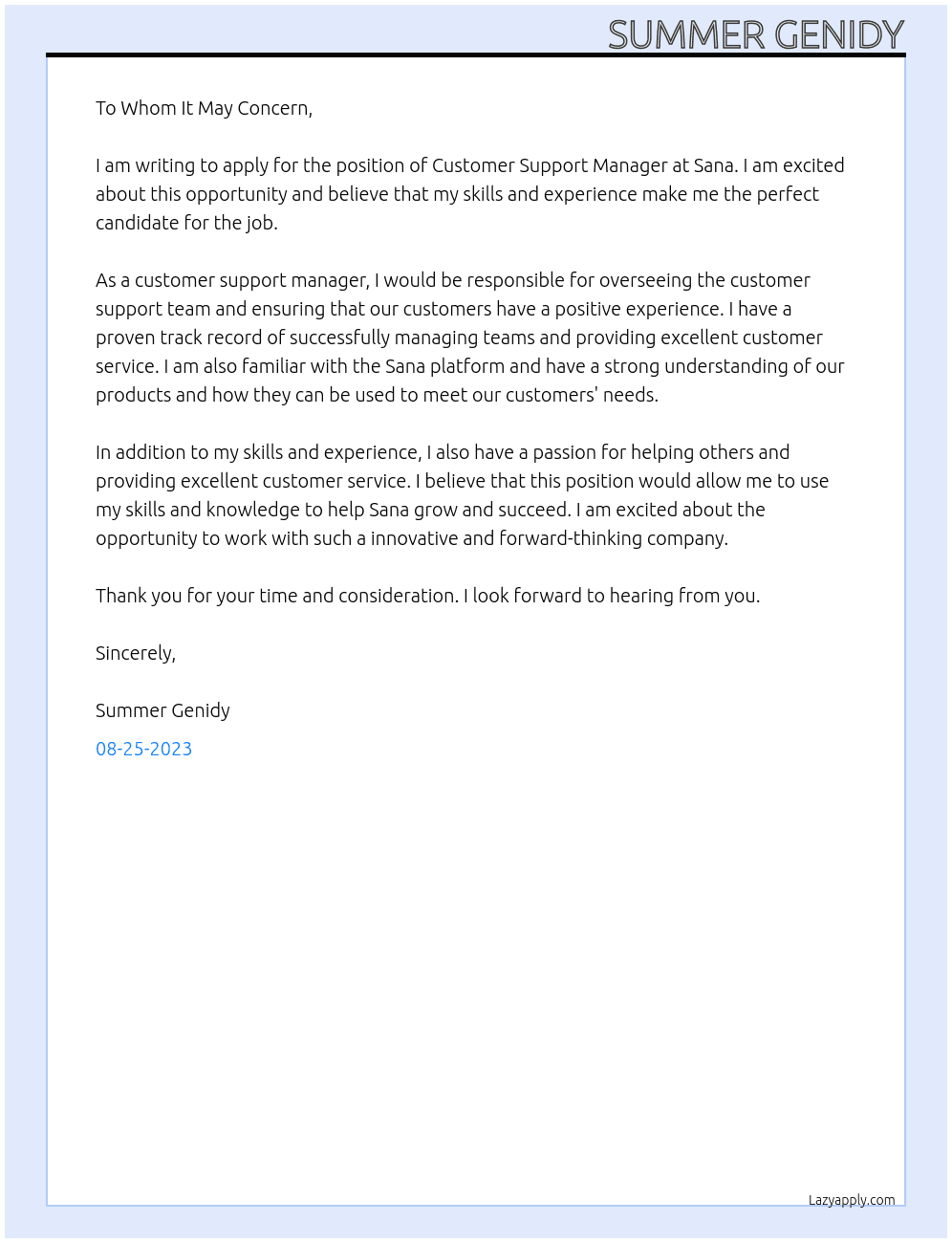 Customer Support Manager At Sana Cover Letter