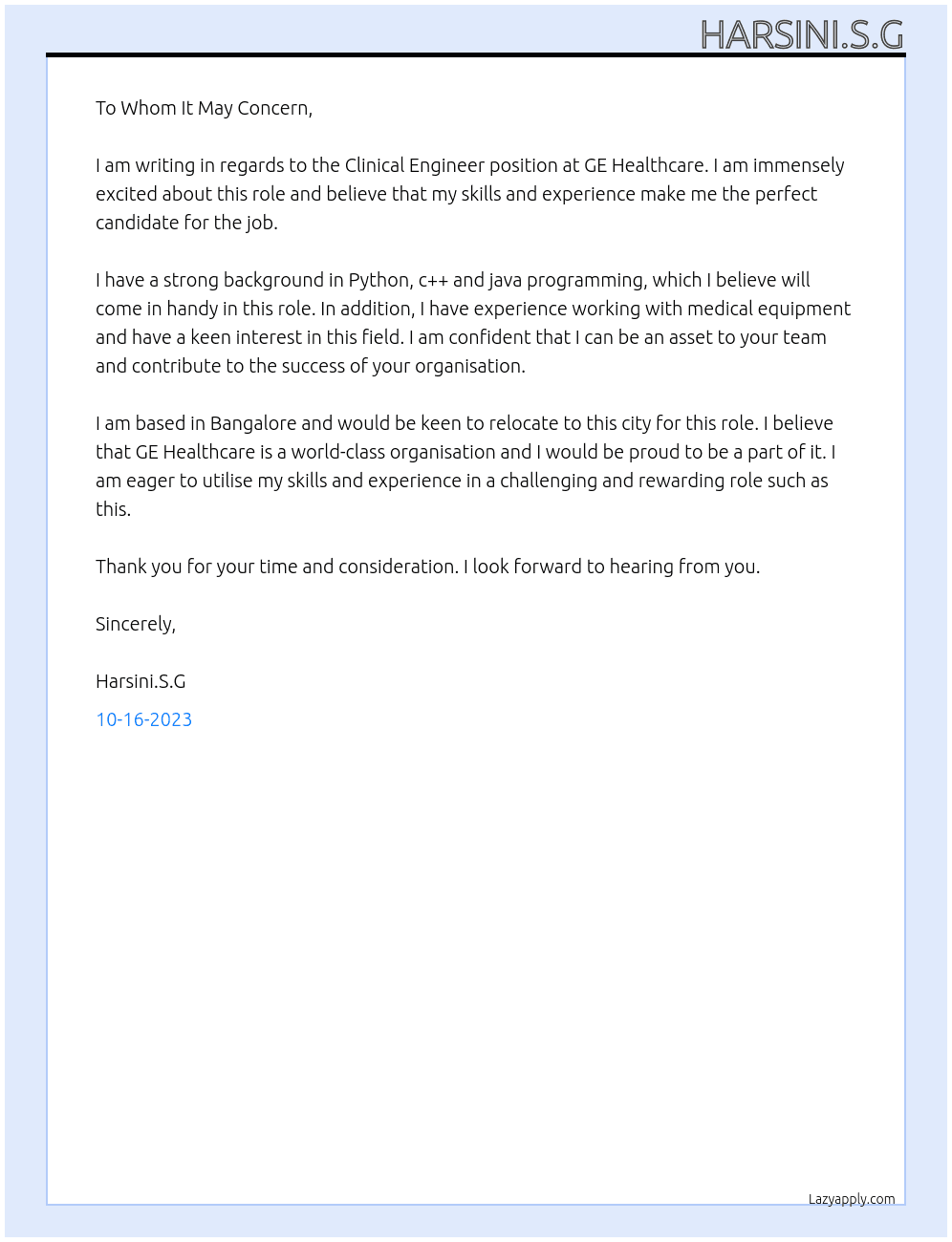 Clinical engineer At GE healthcare  Cover Letter