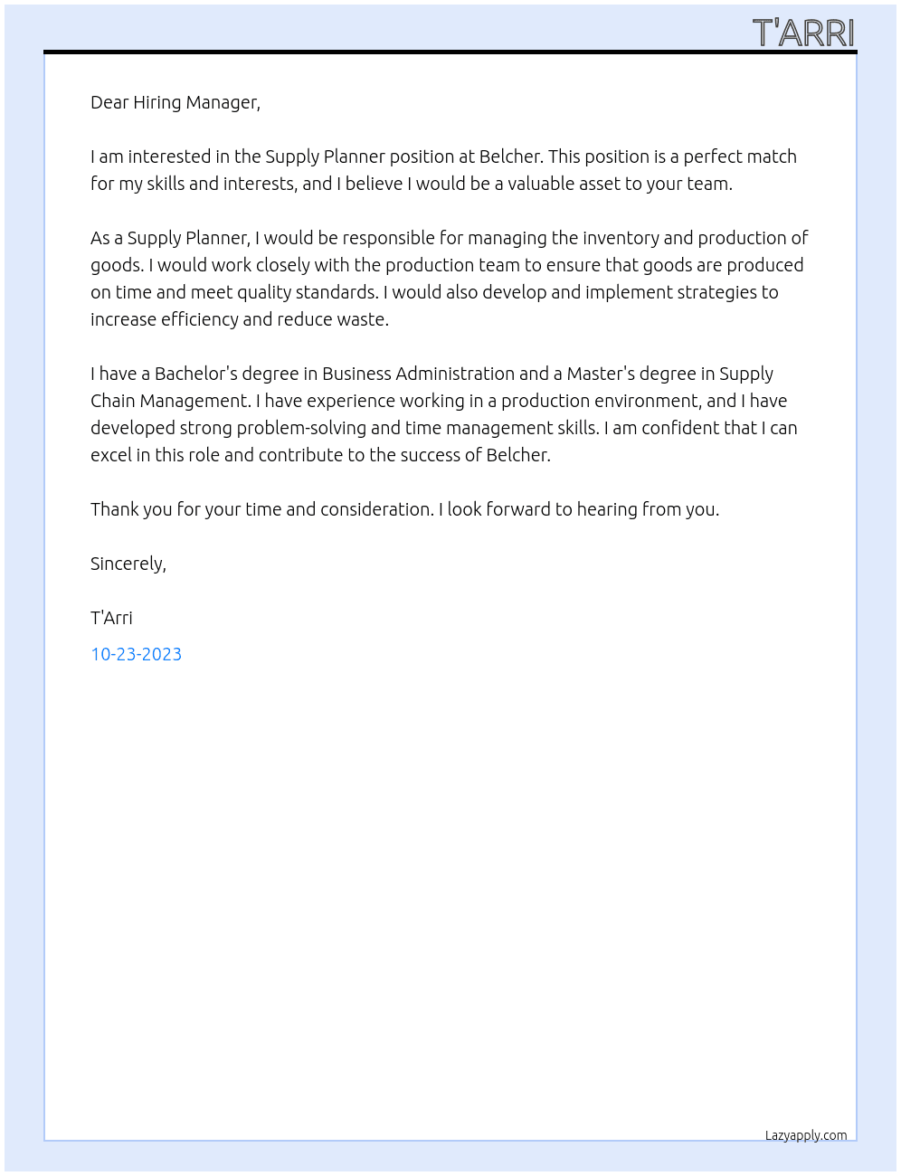 Supply Planner At Belcher Cover Letter
