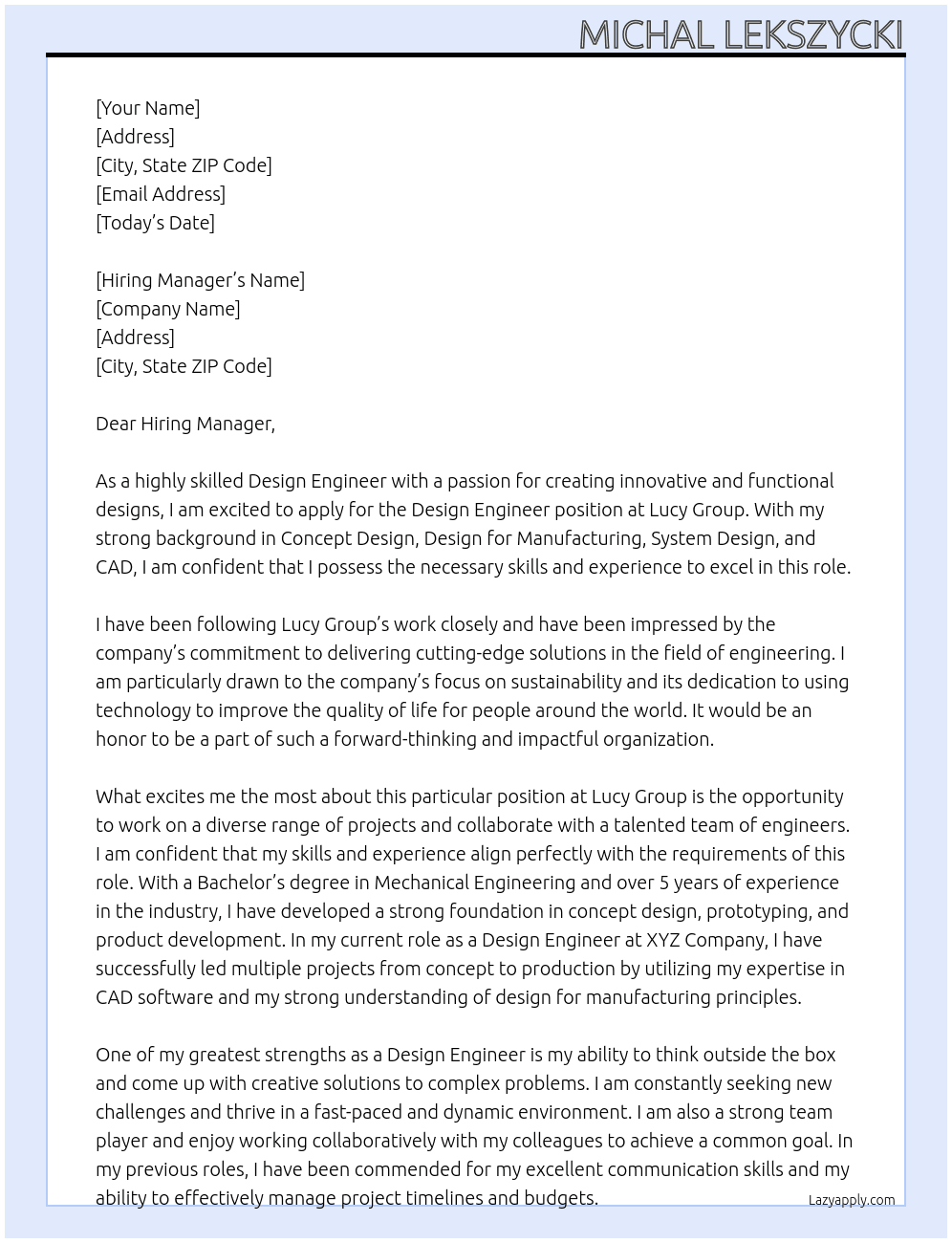 Design Engineer At Lucy Group Cover Letter