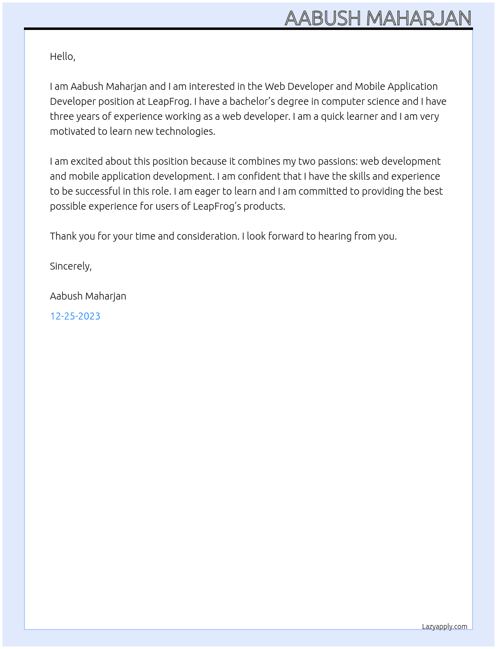 Web  Developer and Mobile Application Developer At LeapFrog Cover Letter