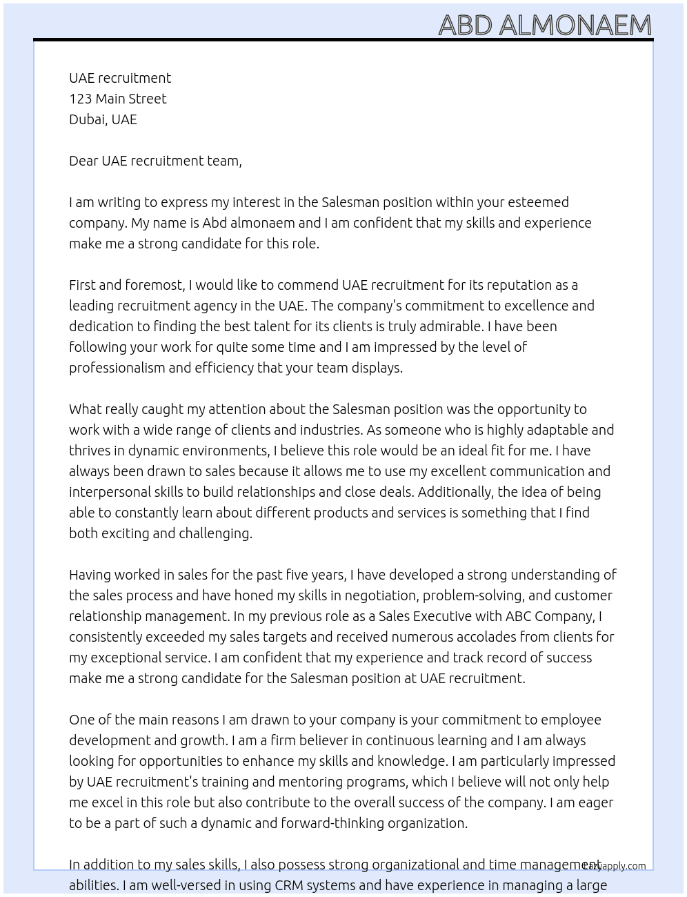 Salesman  At UAE recruitment Cover Letter