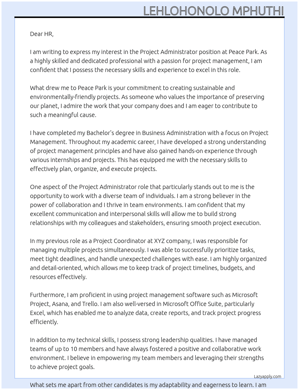 Project Administrator At peace park Cover Letter