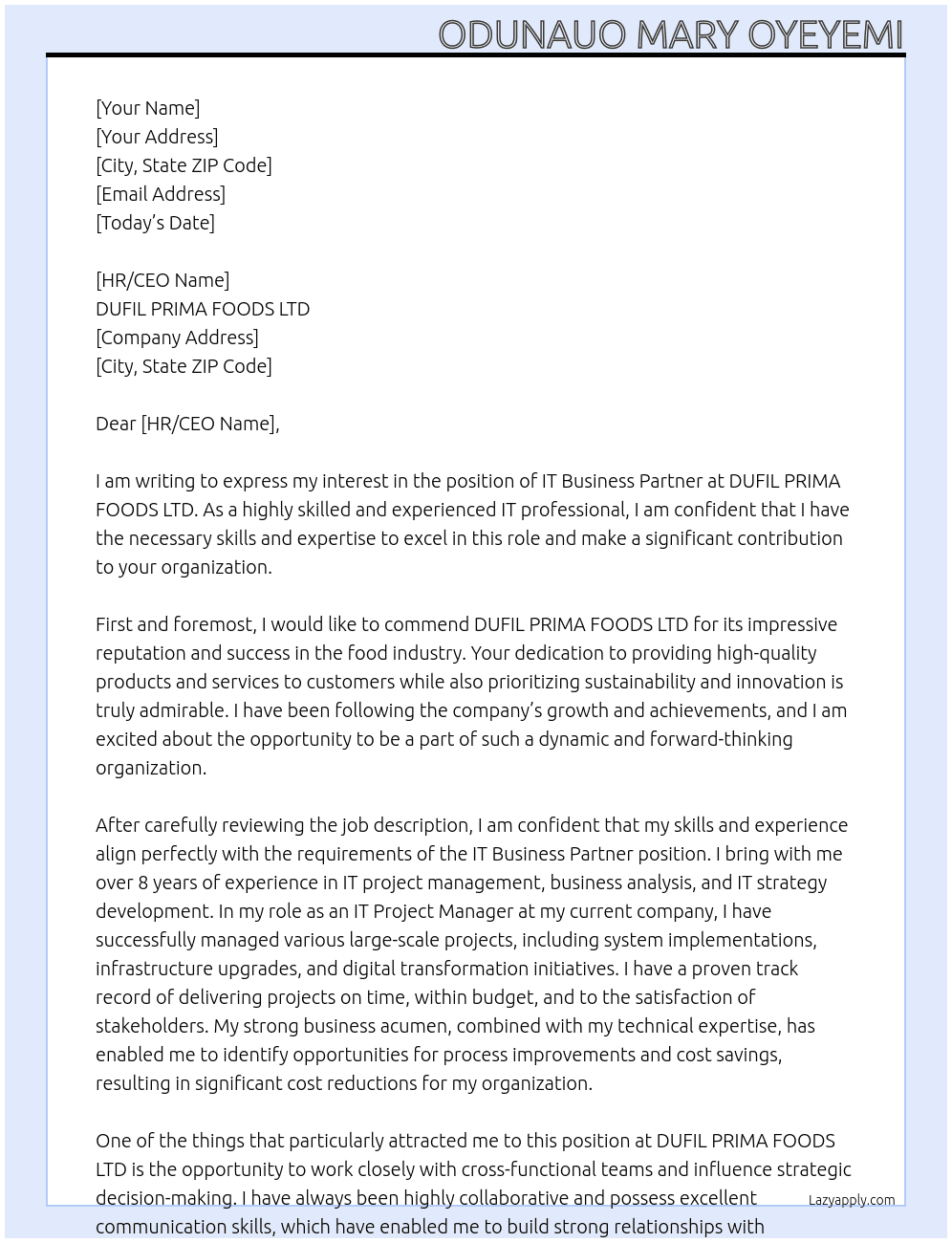 It Business Partner  At DUFIL PRIMA FOODS LTD Cover Letter
