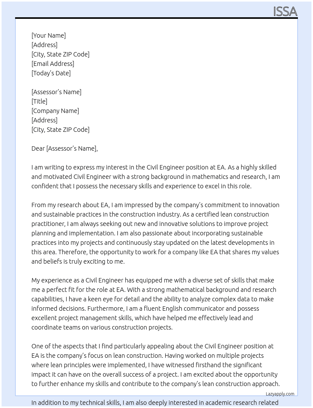CIVIL ENGINEER At EA Cover Letter