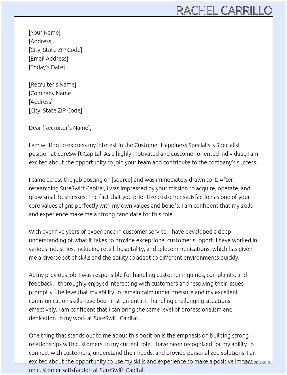 Customer Happiness Specialists Specialist At SureSwift Capital Cover Letter
