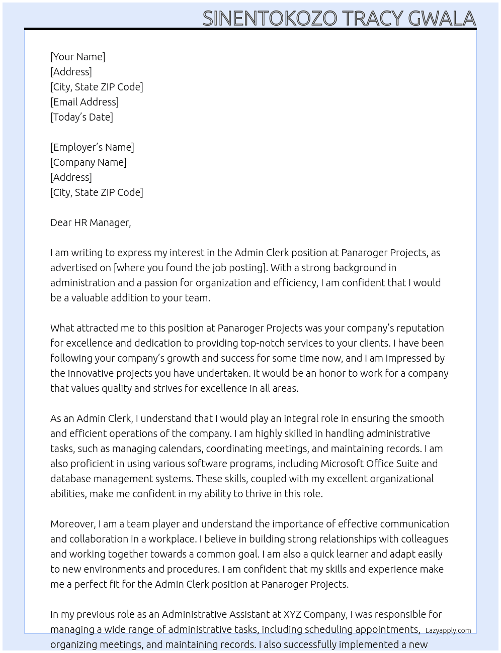 Admin Clerk  At Panaroger Projects Cover Letter