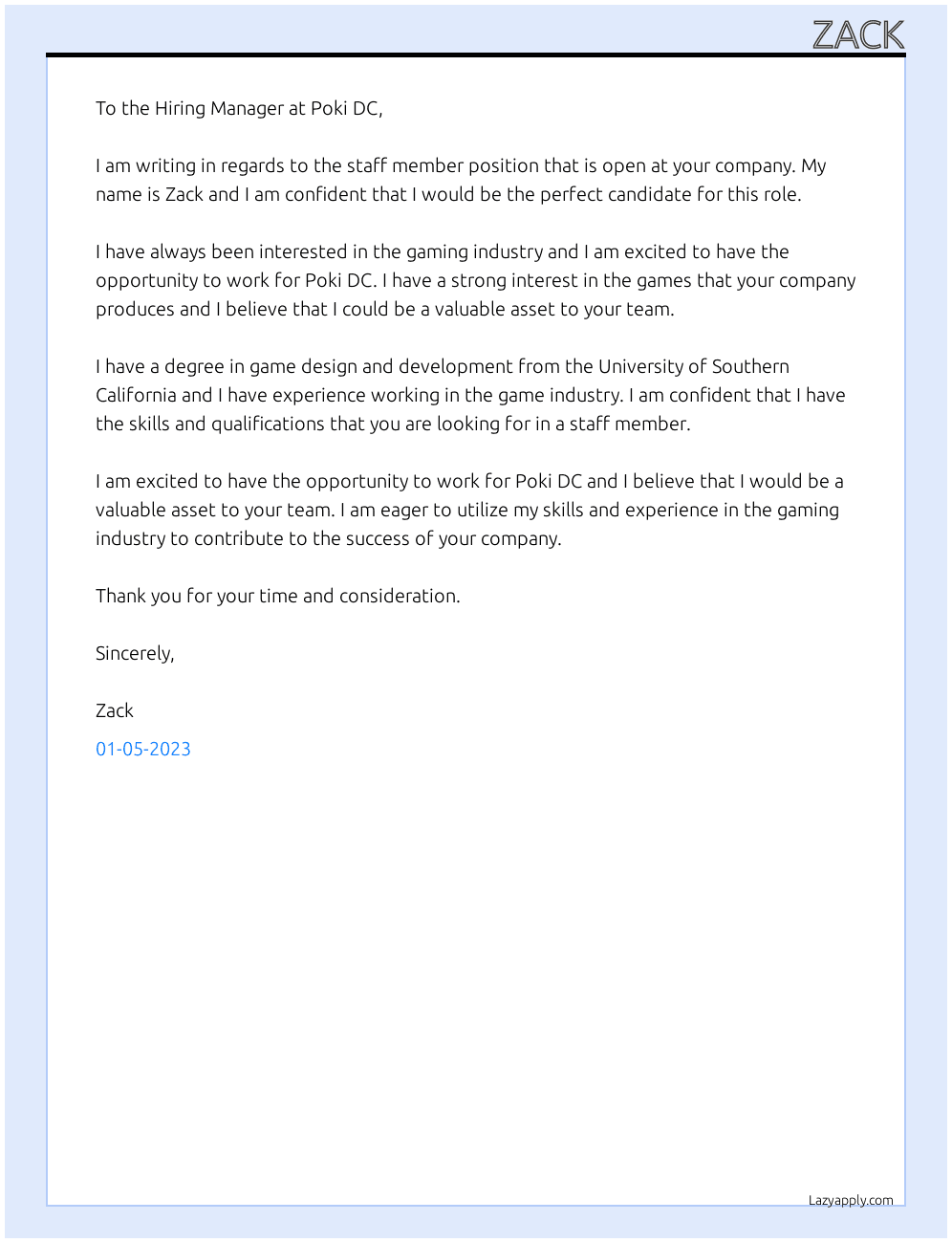 Staff Member At Poki DC Cover Letter