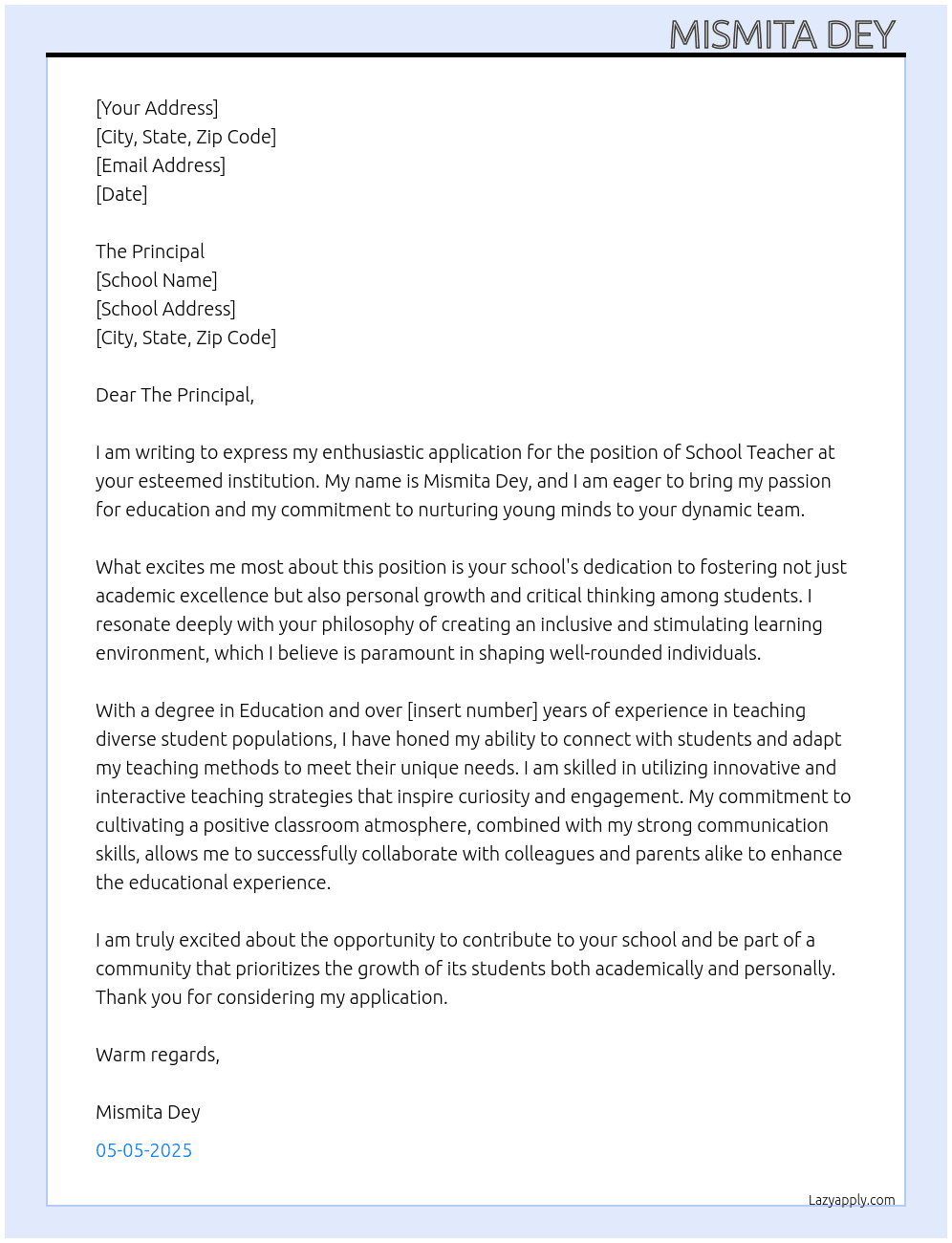 Teacher  At Application for the Position of School Teacher  Cover Letter