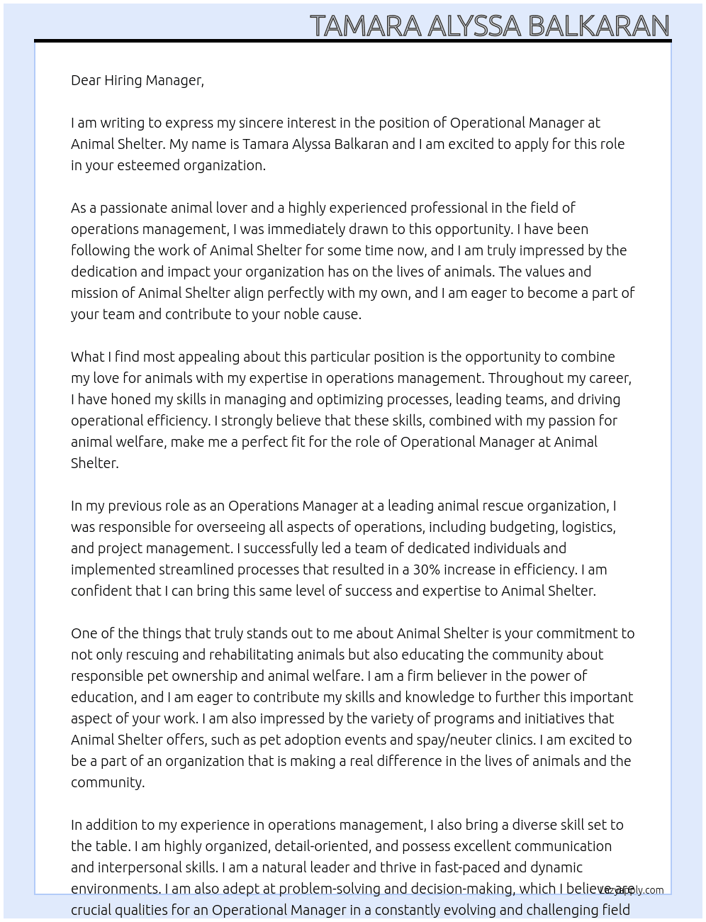 Operational Manager  At Animal Shelter Cover Letter
