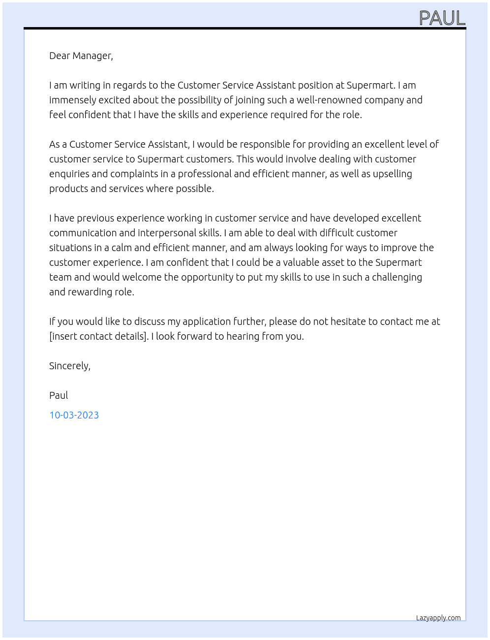 Customer service assistant At Supermart Cover Letter