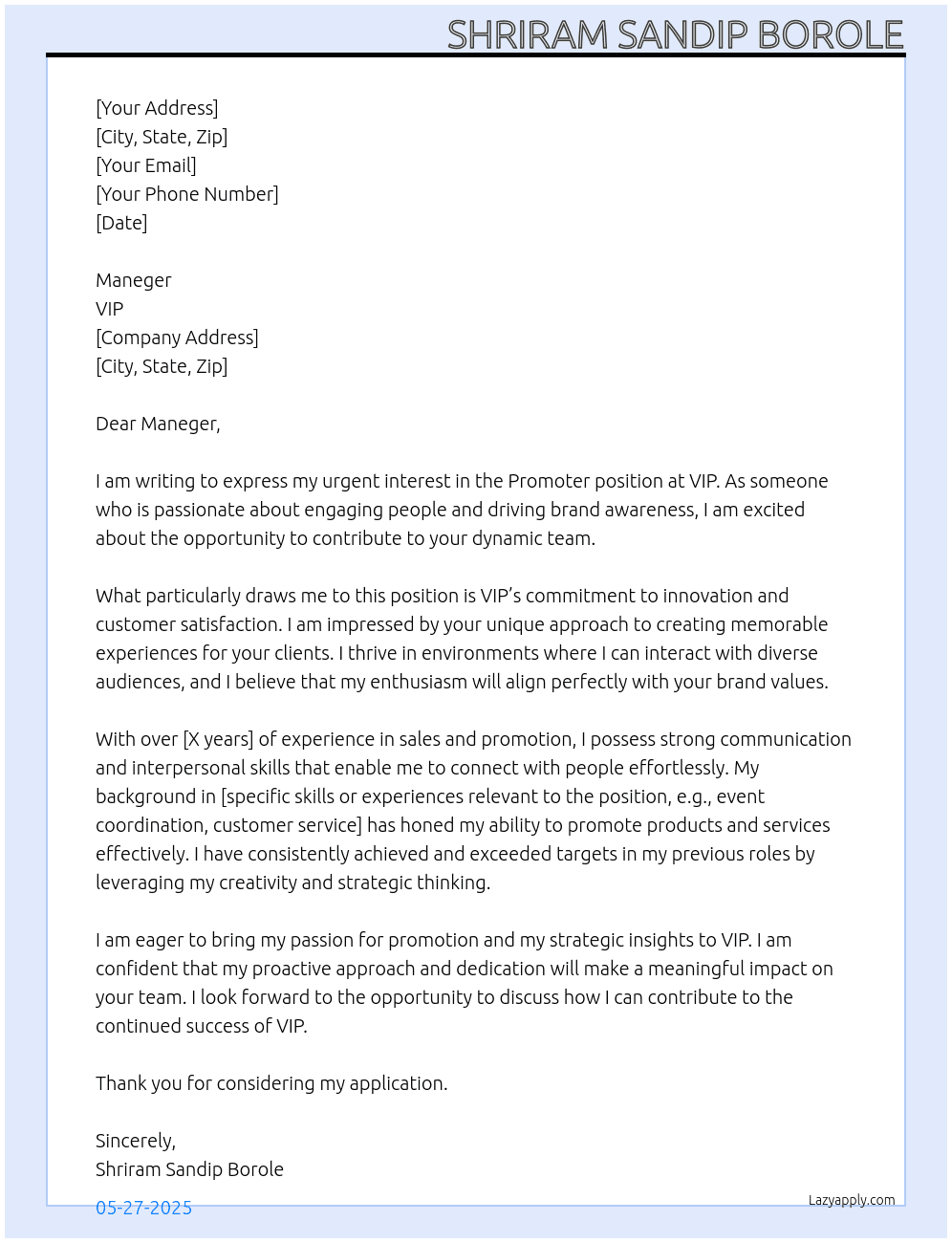 Promoter  At Vip  Cover Letter