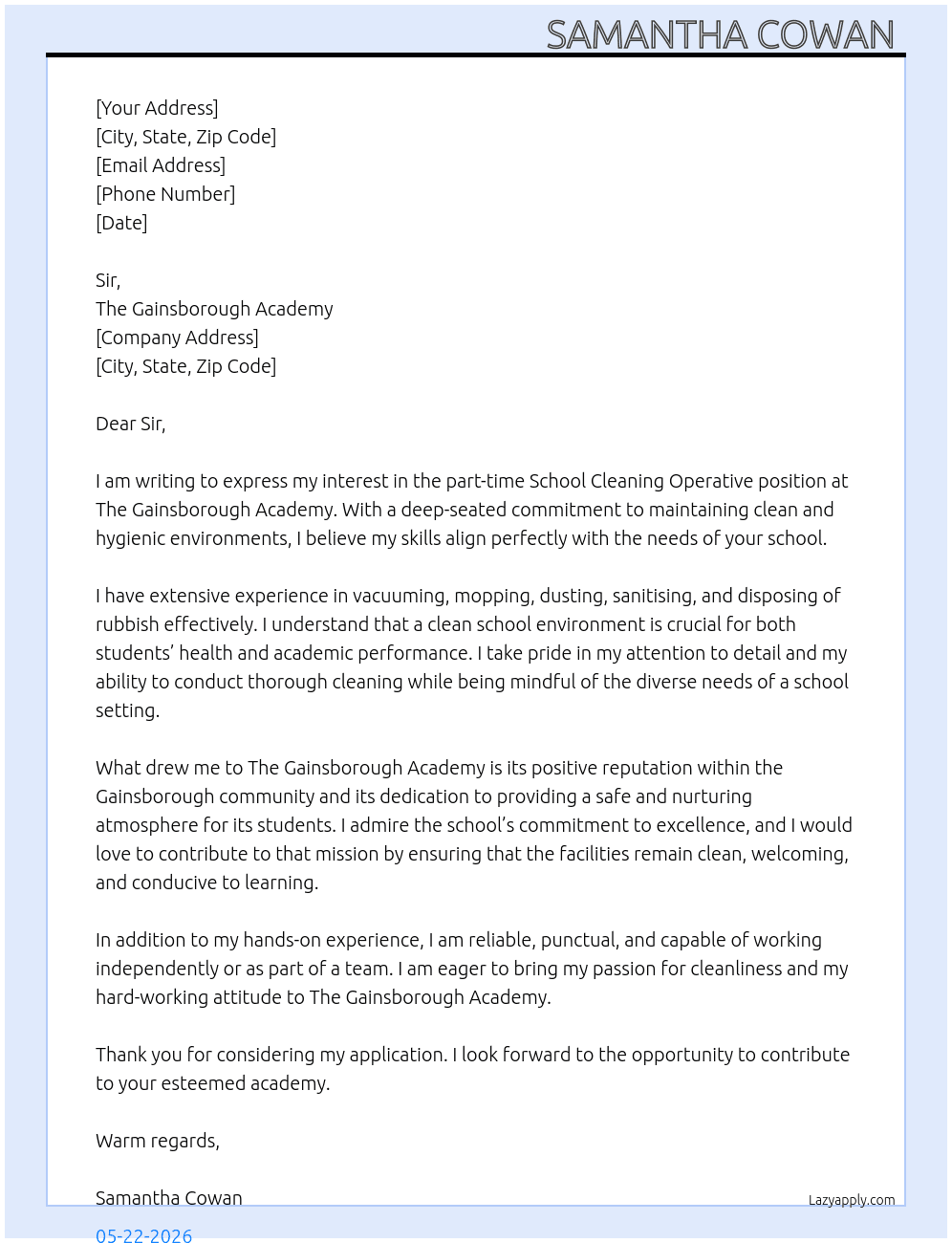 School cleaning operative  At The Gainsborough Academy  Cover Letter