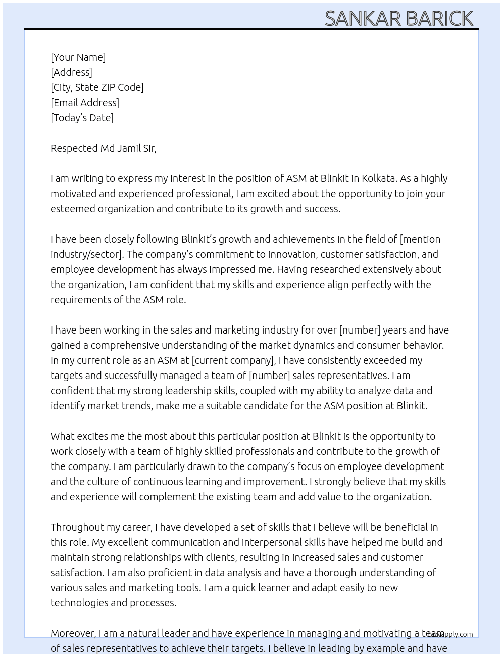 ASM APPLICATION - KOLKATA At Blinkit  Cover Letter